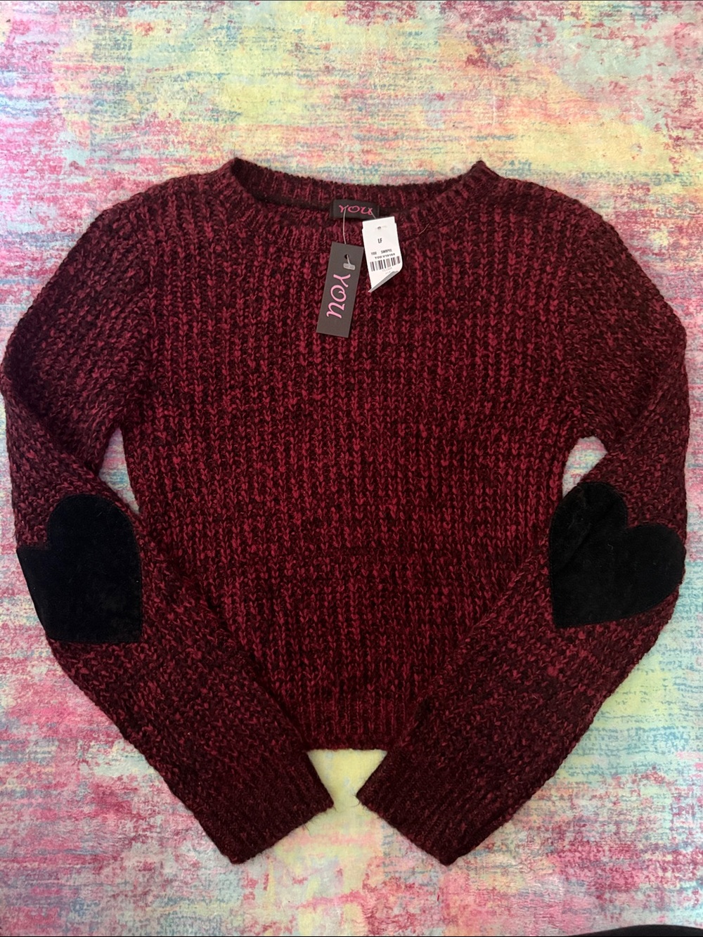 XOXO Marled Burgundy Crewneck Sweater with Black Heart Elbow Patches